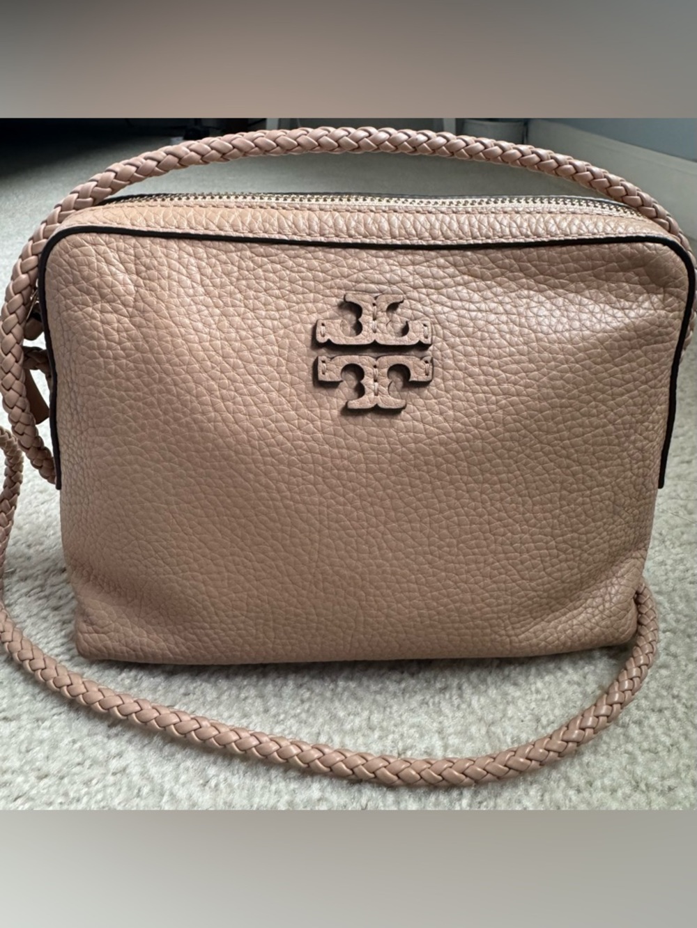 Tory Burch Blush Pebbled Leather Camera Crossbody Bag with Gold Hardware